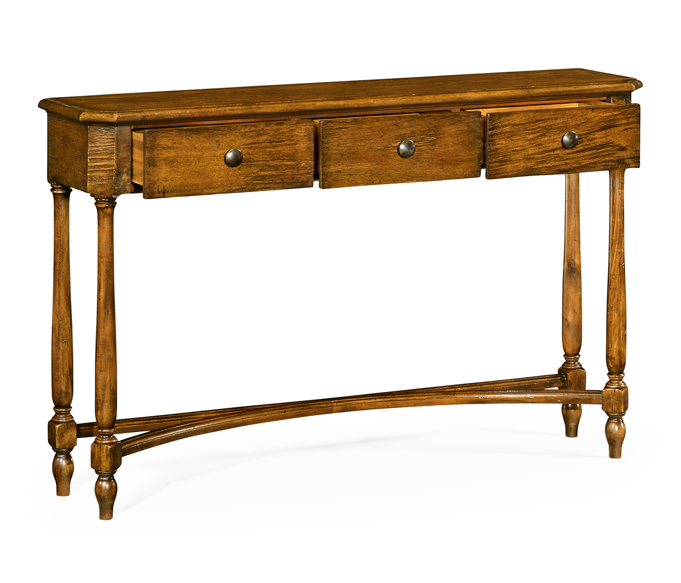 Country Walnut Three Drawer Large Console Table