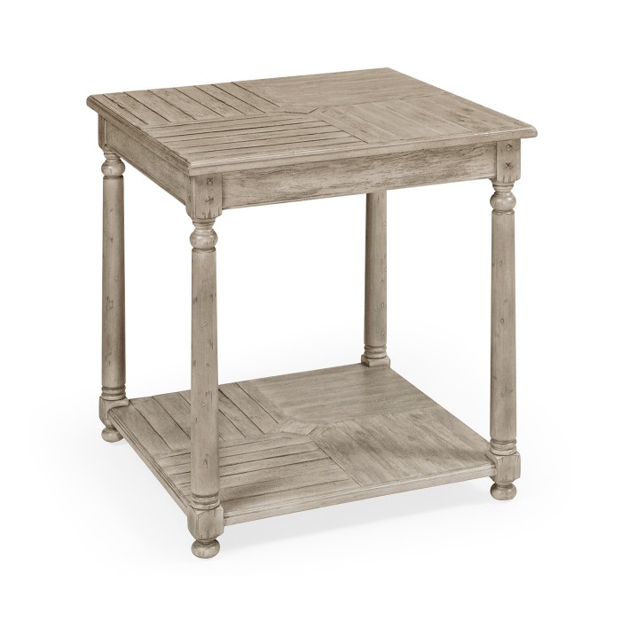 Rustic Grey Parquet Square Lamp Table with Contrast Inlay