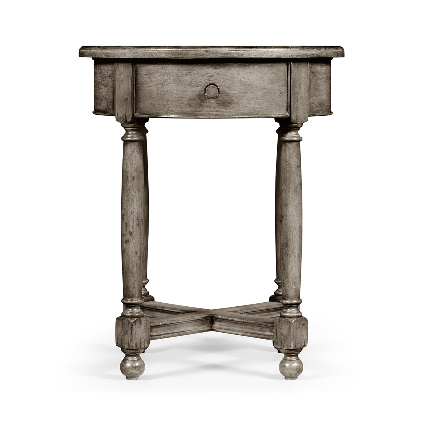 Antique dark grey parquet round side table with contrast inlay