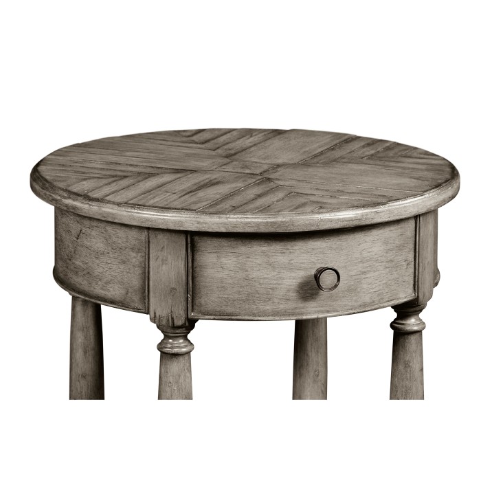 Antique dark grey parquet round side table with contrast inlay