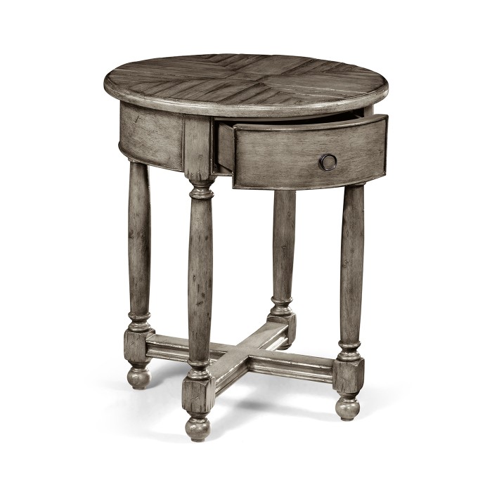 Antique dark grey parquet round side table with contrast inlay