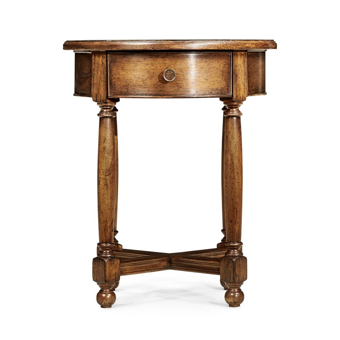 Country walnut parquet round side table with contrast inlay