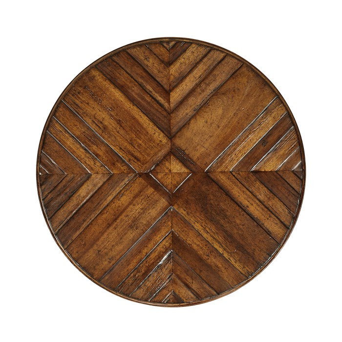 Country walnut parquet round side table with contrast inlay