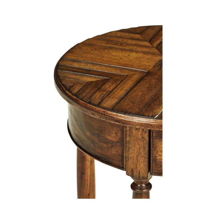 Country walnut parquet round side table with contrast inlay
