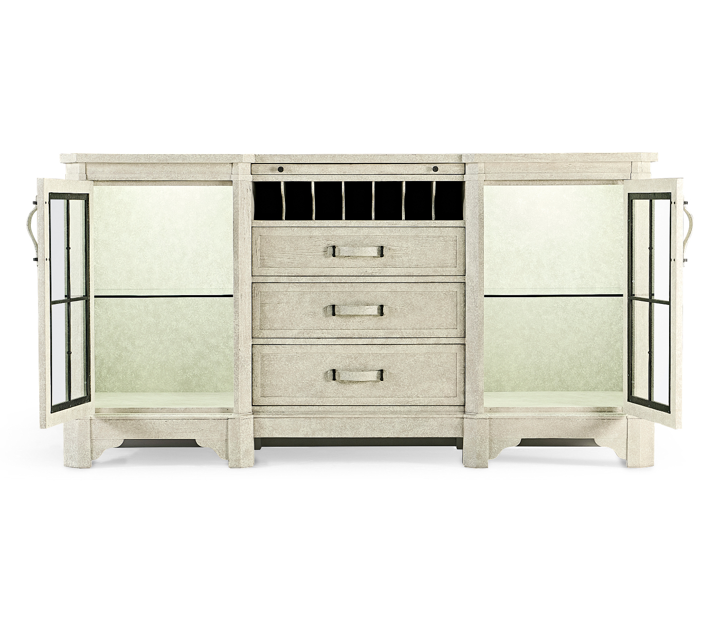 Plank Whitewash Driftwood Low Cabinet & Wine Rack with Strap Handles