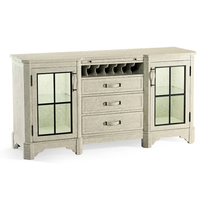 Plank Whitewash Driftwood Low Cabinet & Wine Rack with Strap Handles