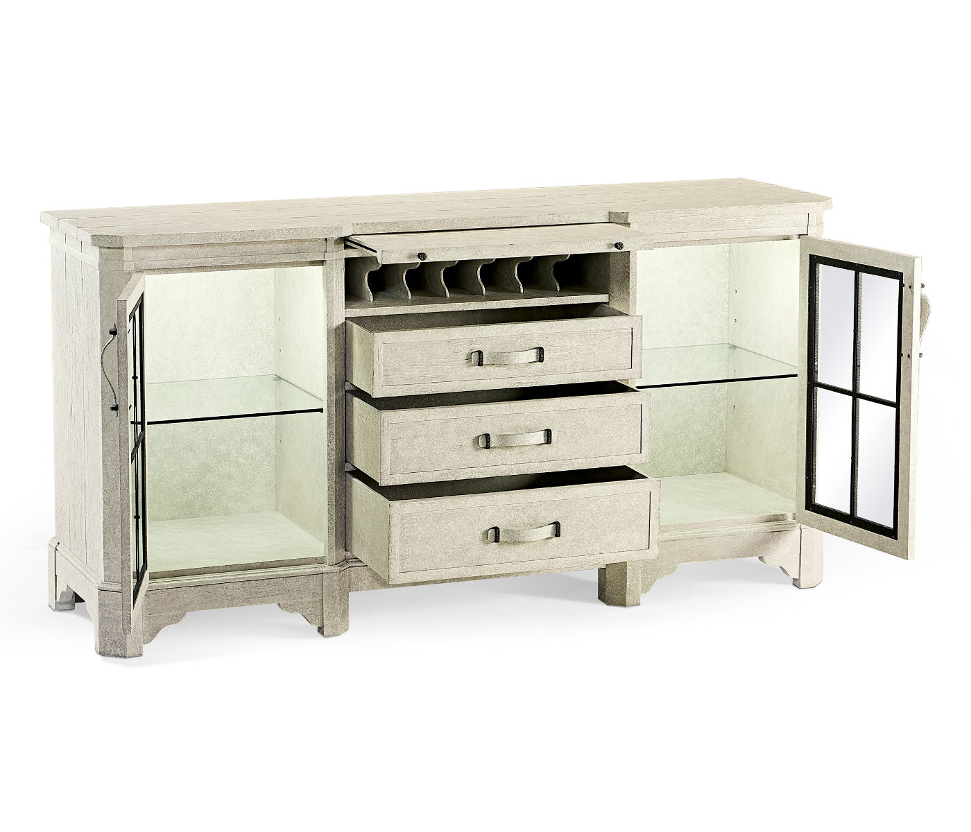 Plank Whitewash Driftwood Low Cabinet & Wine Rack with Strap Handles