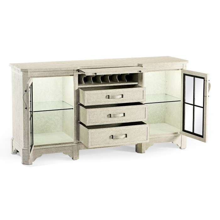 Plank Whitewash Driftwood Low Cabinet & Wine Rack with Strap Handles