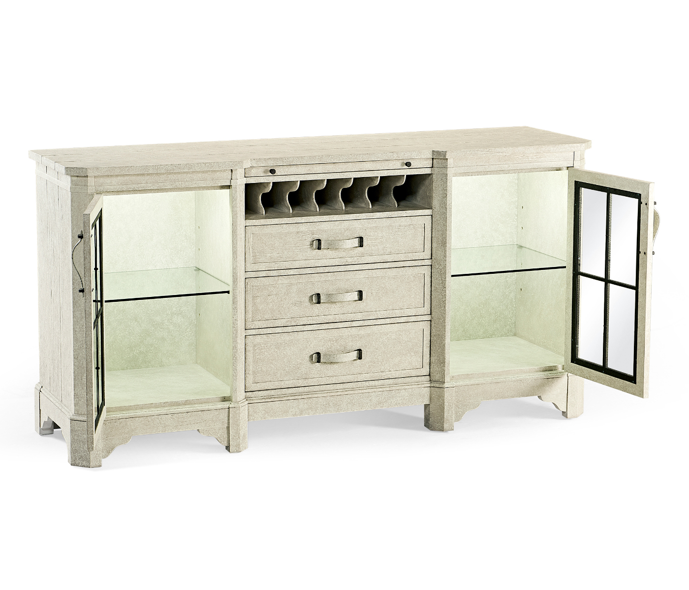 Plank Whitewash Driftwood Low Cabinet & Wine Rack with Strap Handles