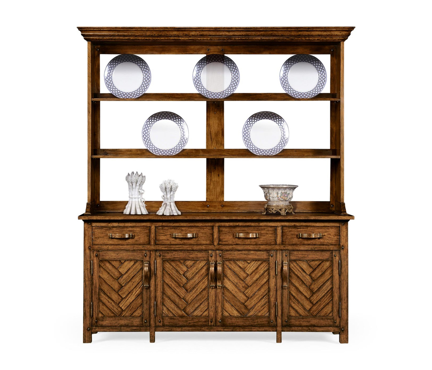 Country Walnut Parquet Welsh Dresser with Strap Handles