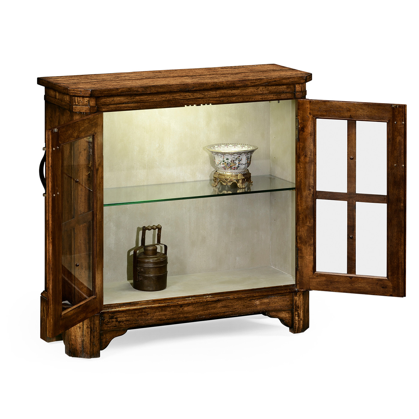 Country Walnut Low Bookcase with Strap Handles