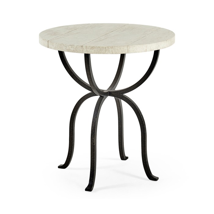 Round Whitewash Driftwood Side Table with Wrought Iron Base