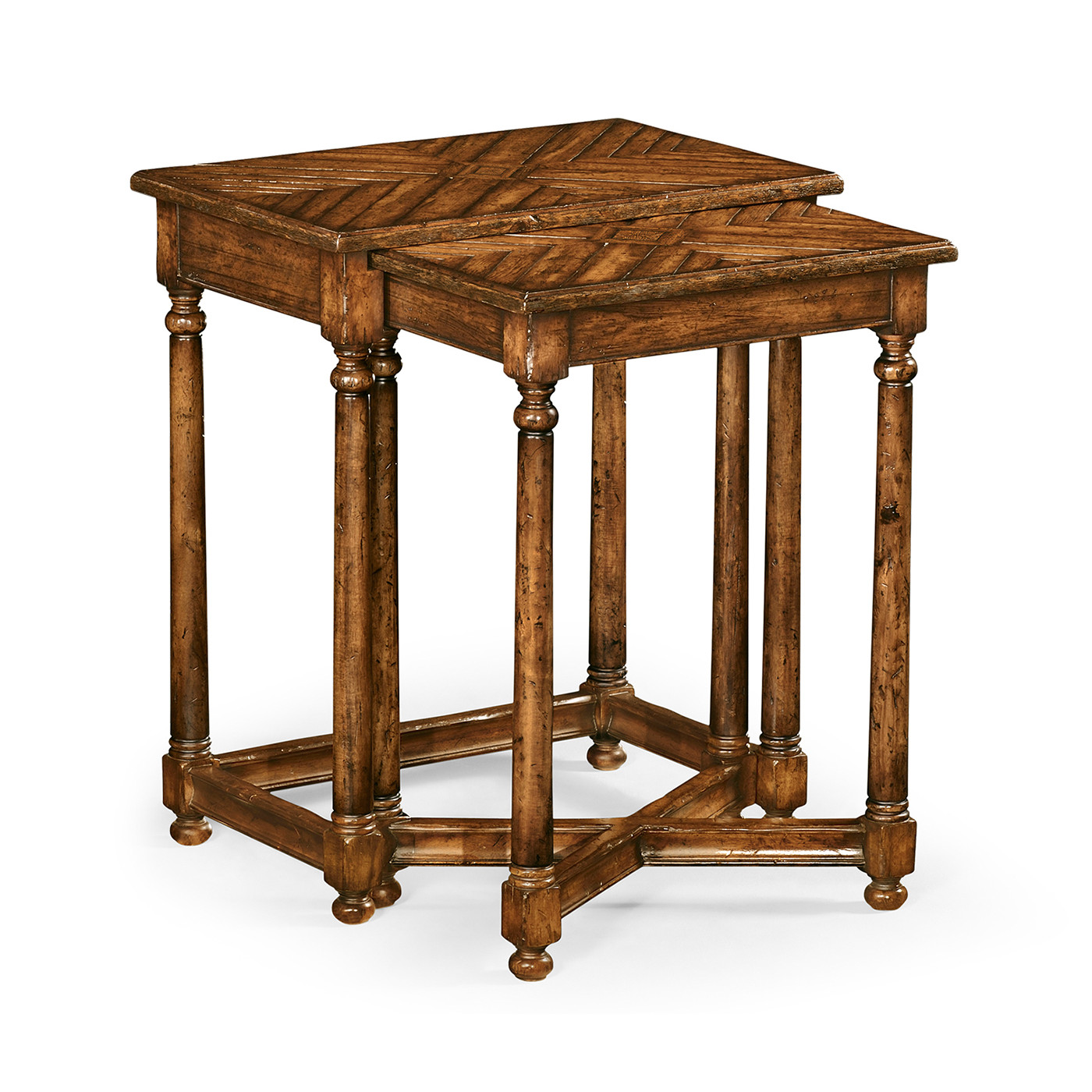 Country Walnut Parquet Nesting Tables with Contrast Inlay