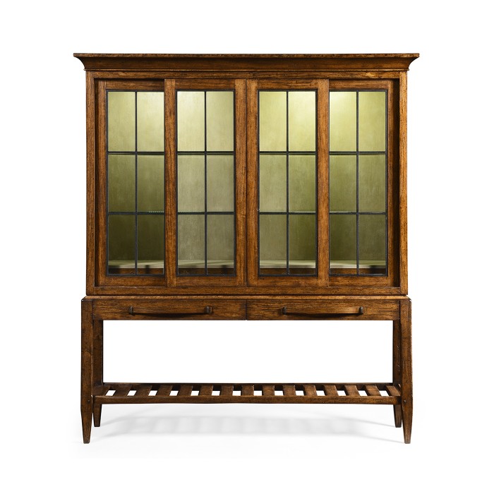 Country Walnut Glazed Display Double Cabinet