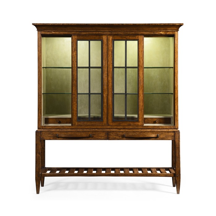 Country Walnut Glazed Display Double Cabinet