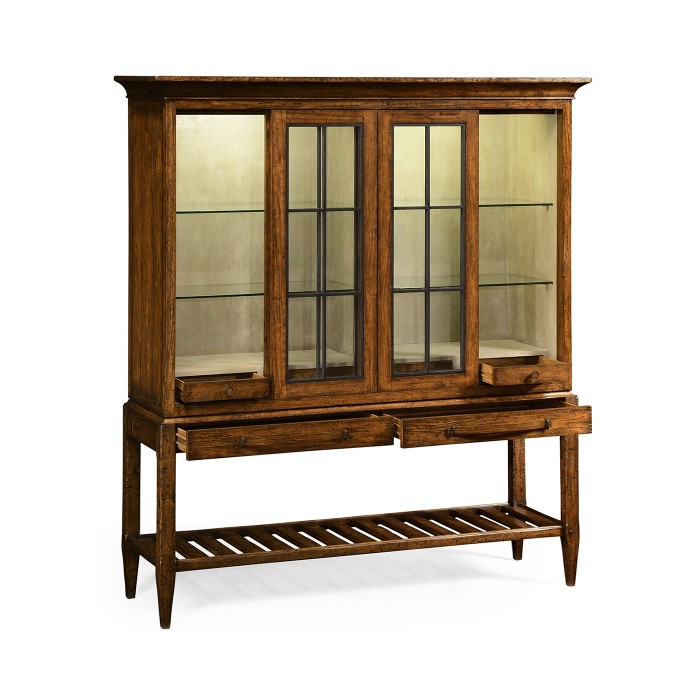 Country Walnut Glazed Display Double Cabinet