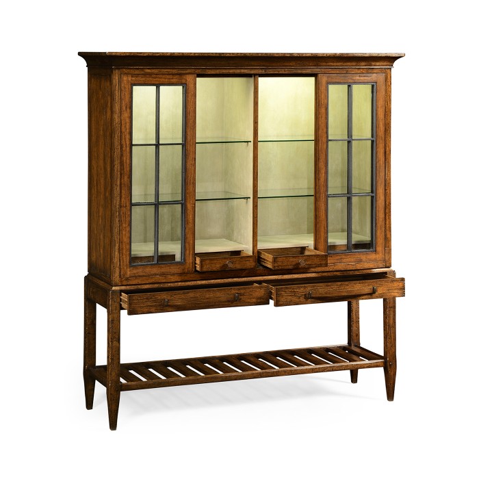 Country Walnut Glazed Display Double Cabinet