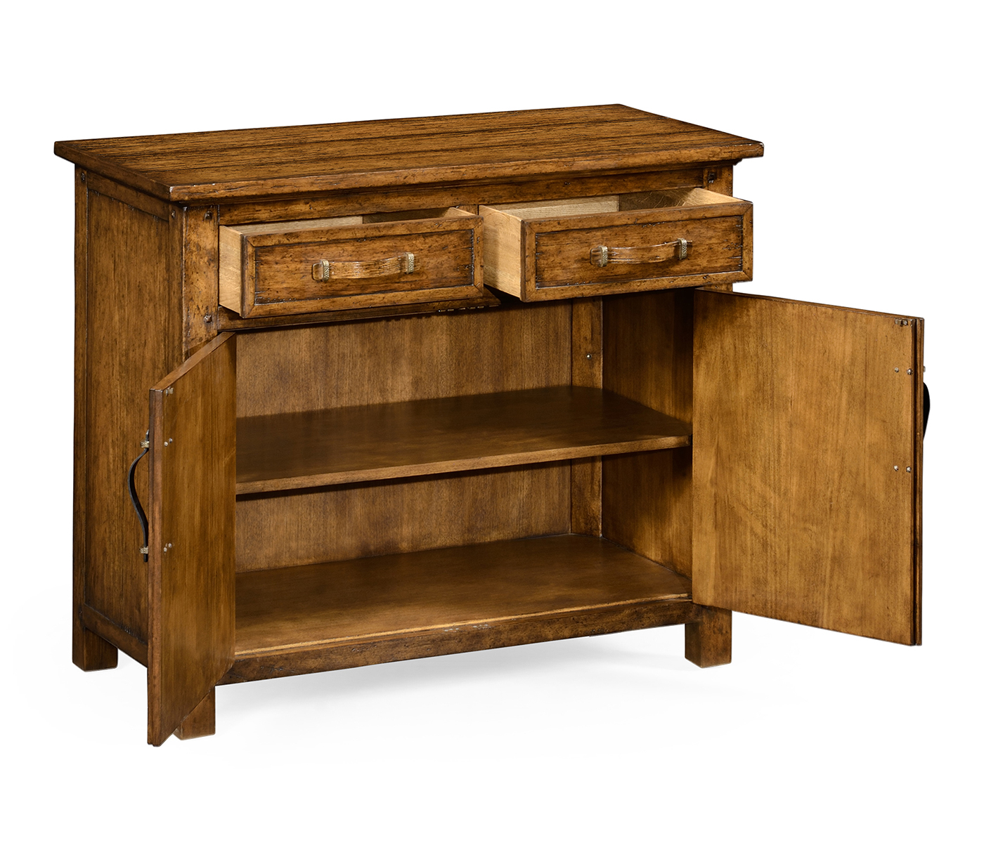 Plank country walnut cabinet or dresser base with strap handles