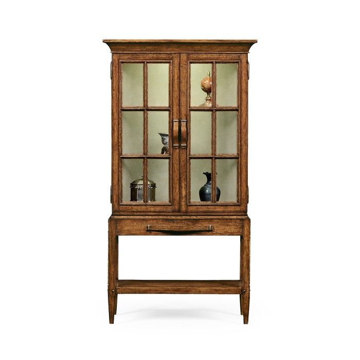 Country Walnut Glazed Display Cabinet with Strap Handles