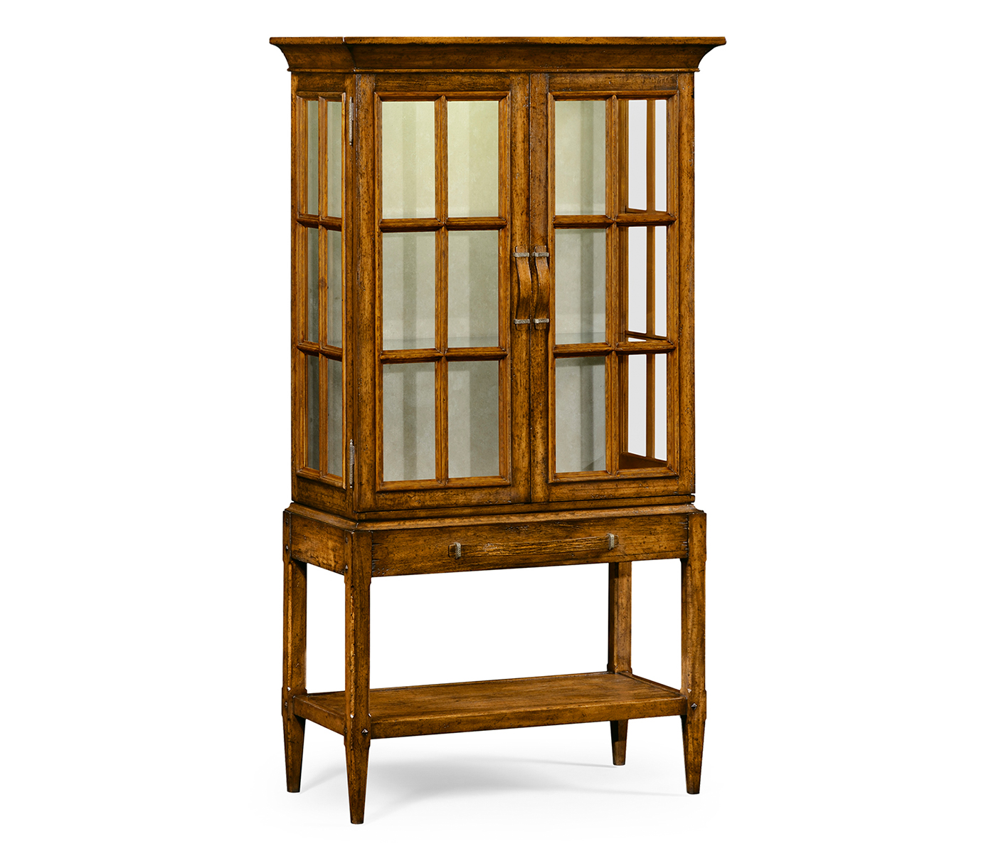 Country Walnut Glazed Display Cabinet with Strap Handles