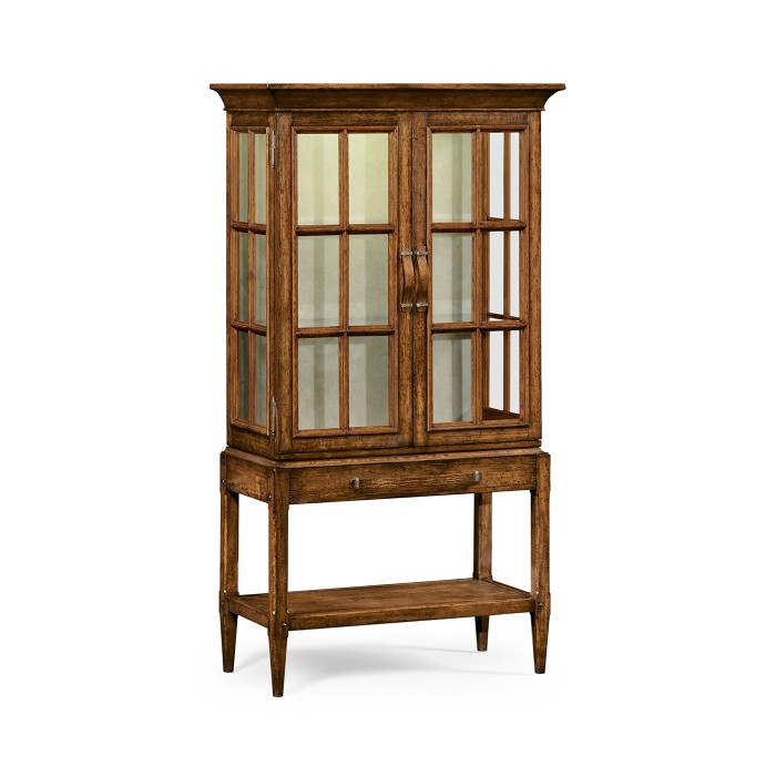 Country Walnut Glazed Display Cabinet with Strap Handles