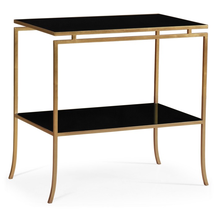 Gilded Iron Rectangular Side Table with A Black Glass Top
