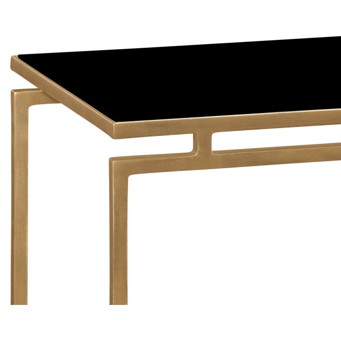 Gilded Iron Large Console Table with A Black Glass Top
