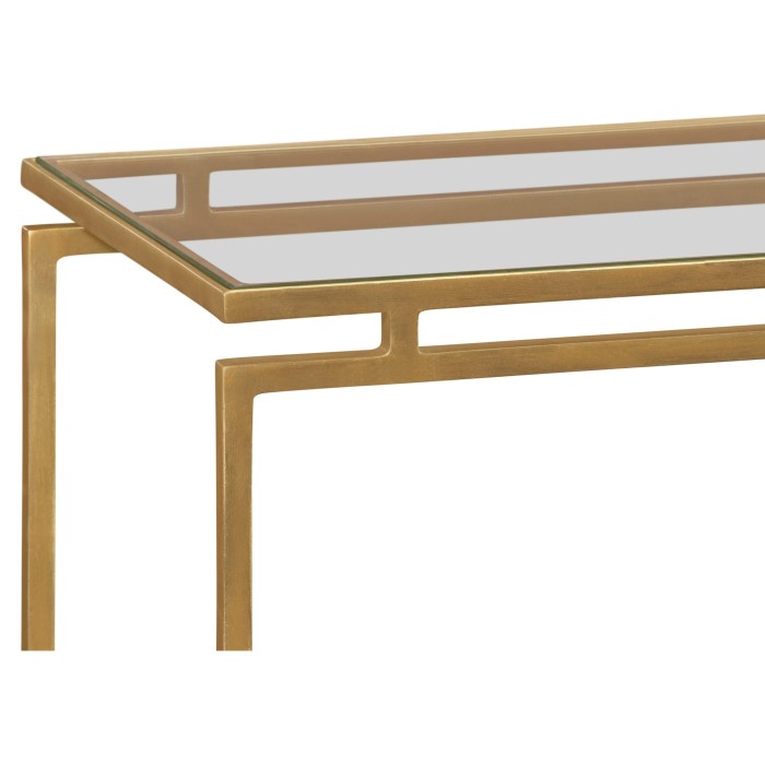Gilded Iron Large Console Table with A Clear Glass Top