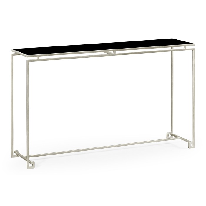 Silver Iron Large Console Table with A Black Glass Top