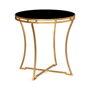 Gilded Iron Round Side Table with A Black Glass Top