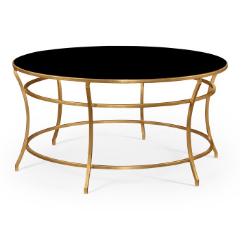 Gilded Iron Round Coffee Table with A Black Glass Top