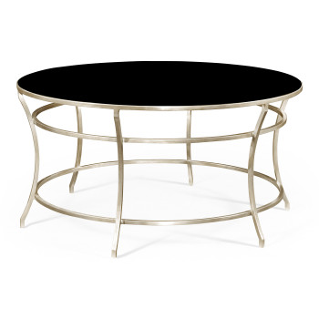 Silver Round Iron Coffee Table with Black Glass Top