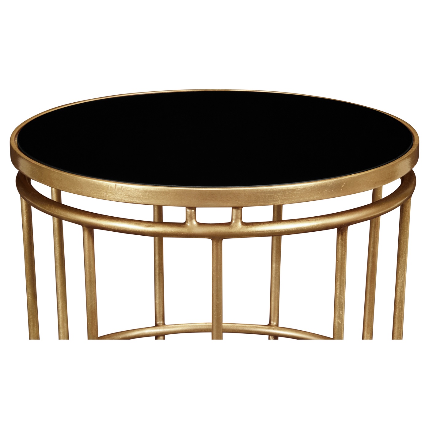 Gilded Iron Round End Table with Black Glass Top
