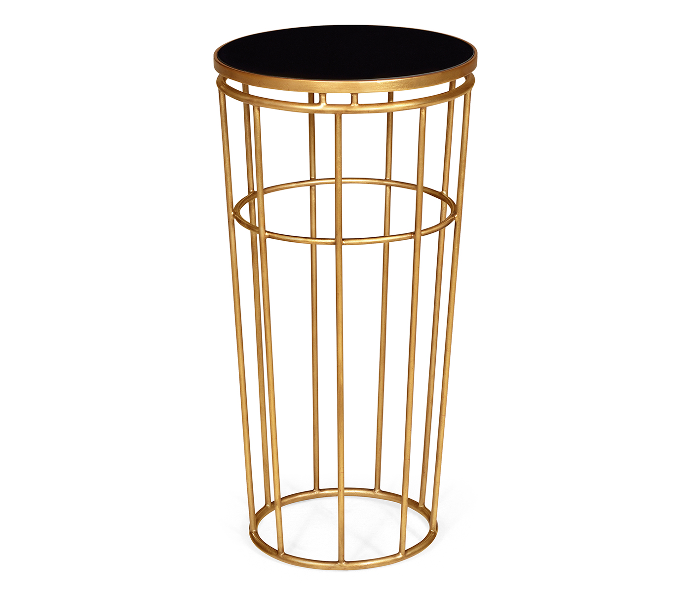 Gilded Iron Round End Table with Black Glass Top