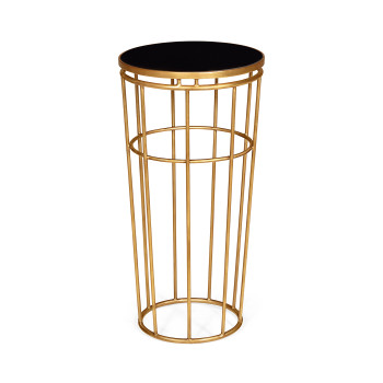 Gilded Iron Round End Table with Black Glass Top