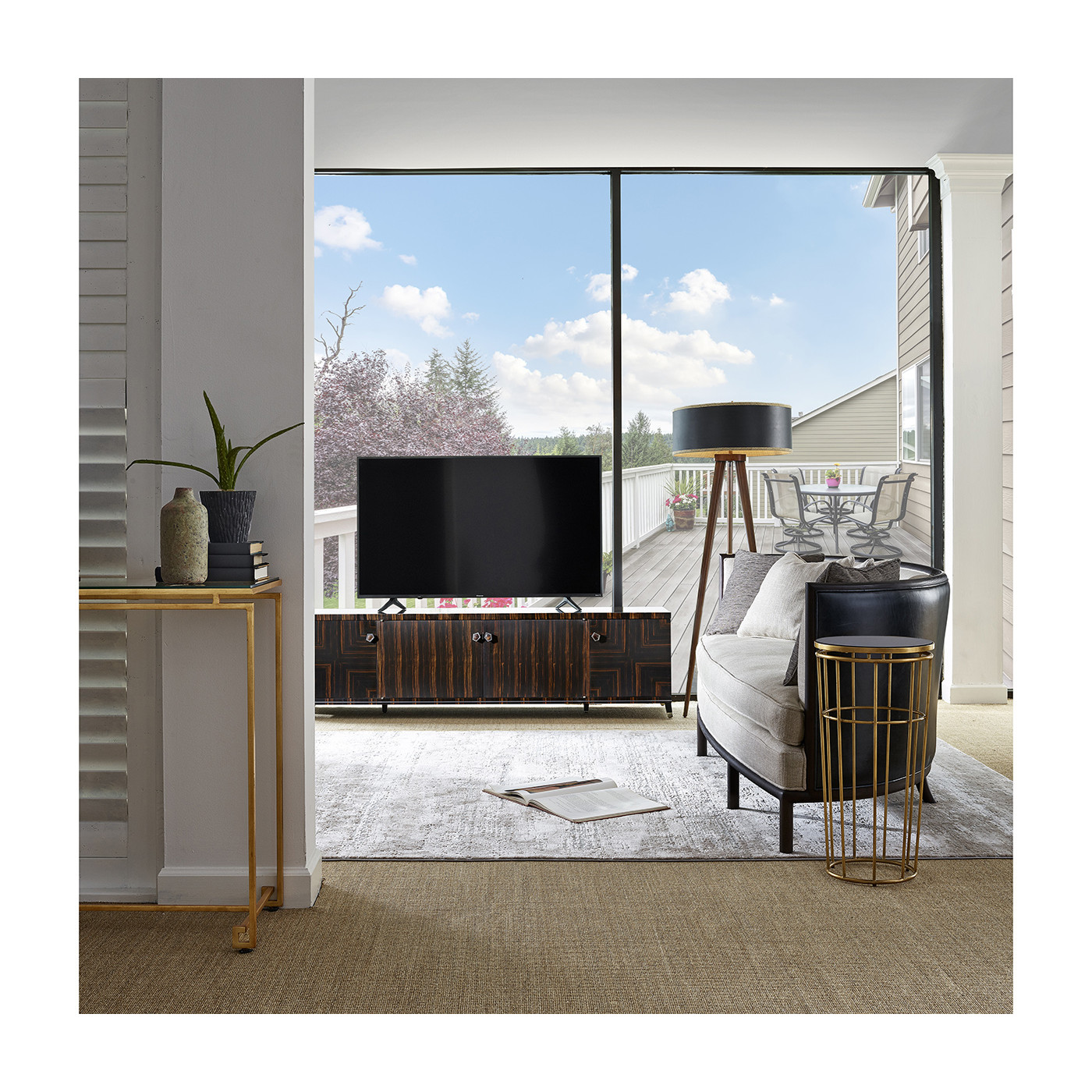 Gilded Iron Round End Table with Black Glass Top