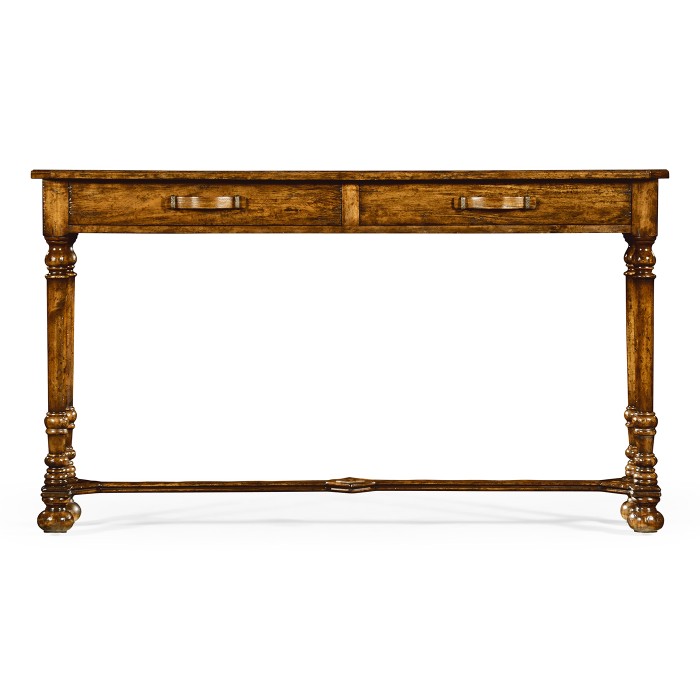 Country walnut console with strap handles