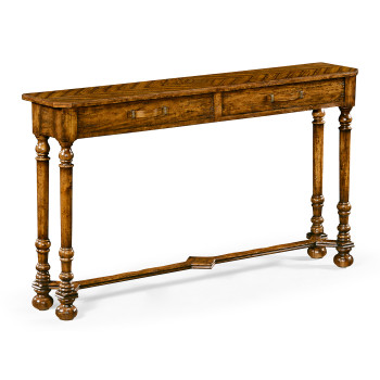 Country walnut console with strap handles