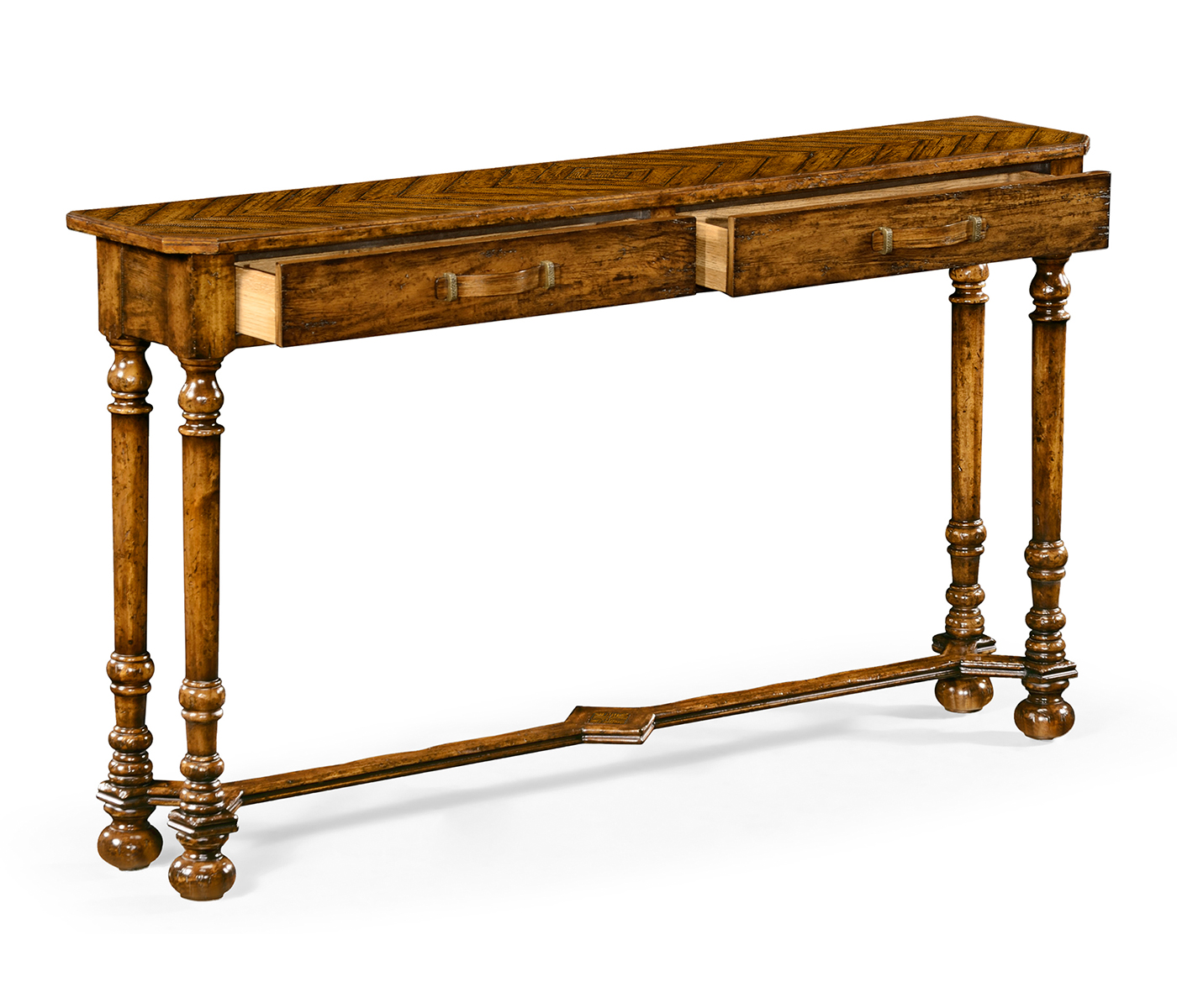 Country walnut console with strap handles