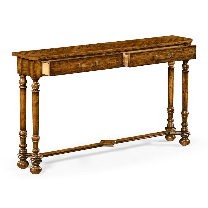 Country walnut console with strap handles