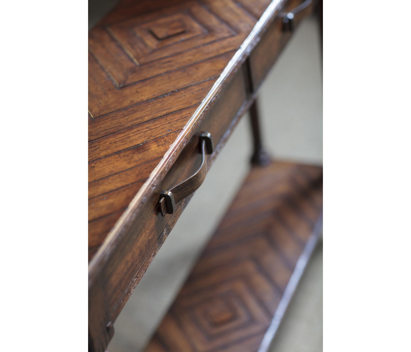 Country walnut console with strap handles