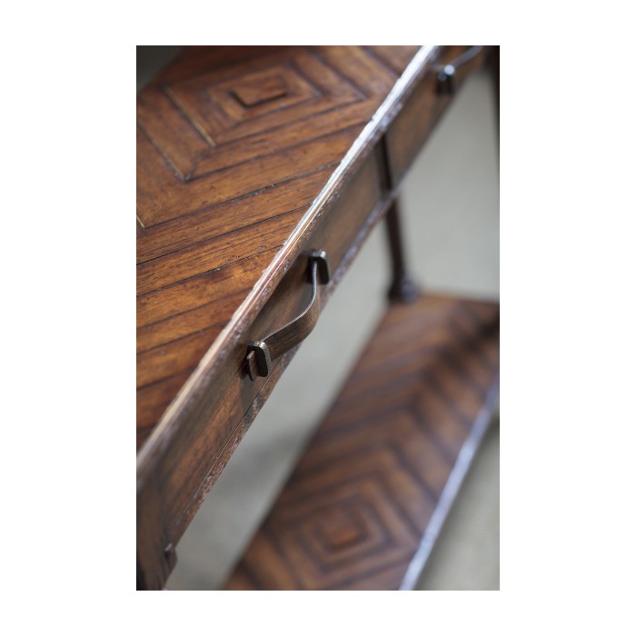 Country walnut console with strap handles