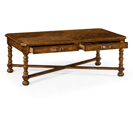 Country Walnut Parquet Coffee Table with Strap Handles