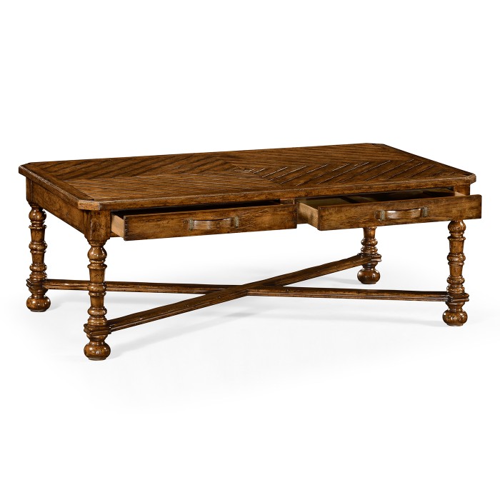 Country Walnut Parquet Coffee Table with Strap Handles