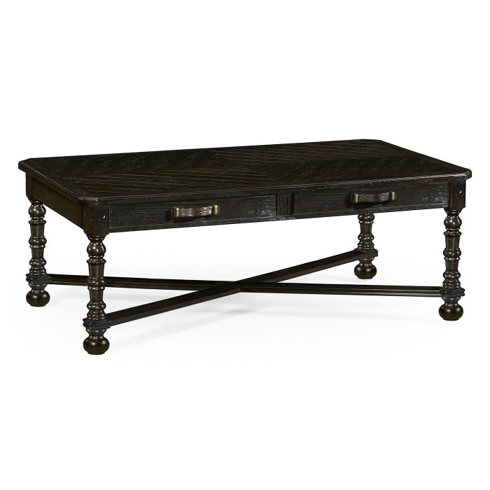 Dark Ale Parquet Coffee Table with Strap Handles