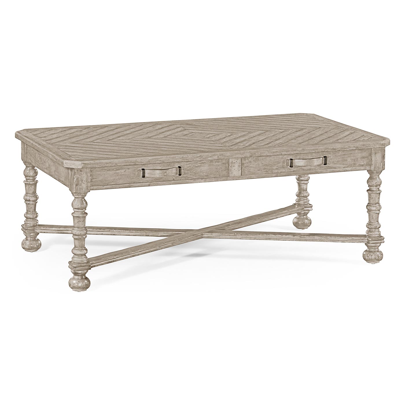 Rustic Grey Parquet Coffee Table with Strap Handles