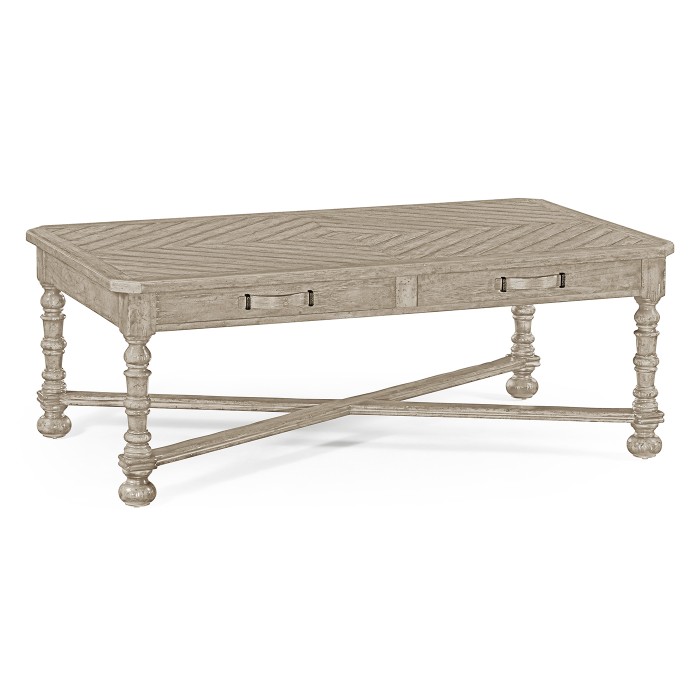 Rustic Grey Parquet Coffee Table with Strap Handles