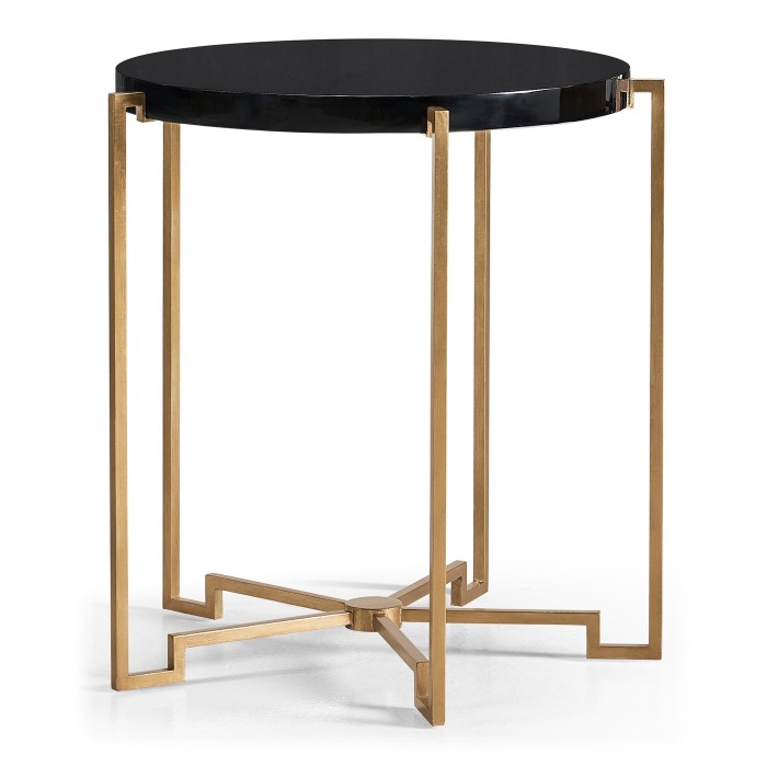 Gilded Iron Round Lamp Table with Smoky Black Top