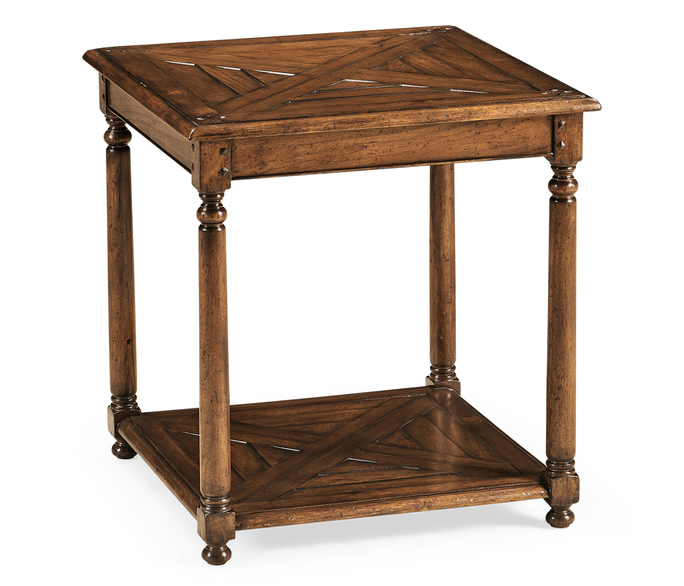 Square parquet topped side table with undertier