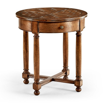 Round parquet topped side table